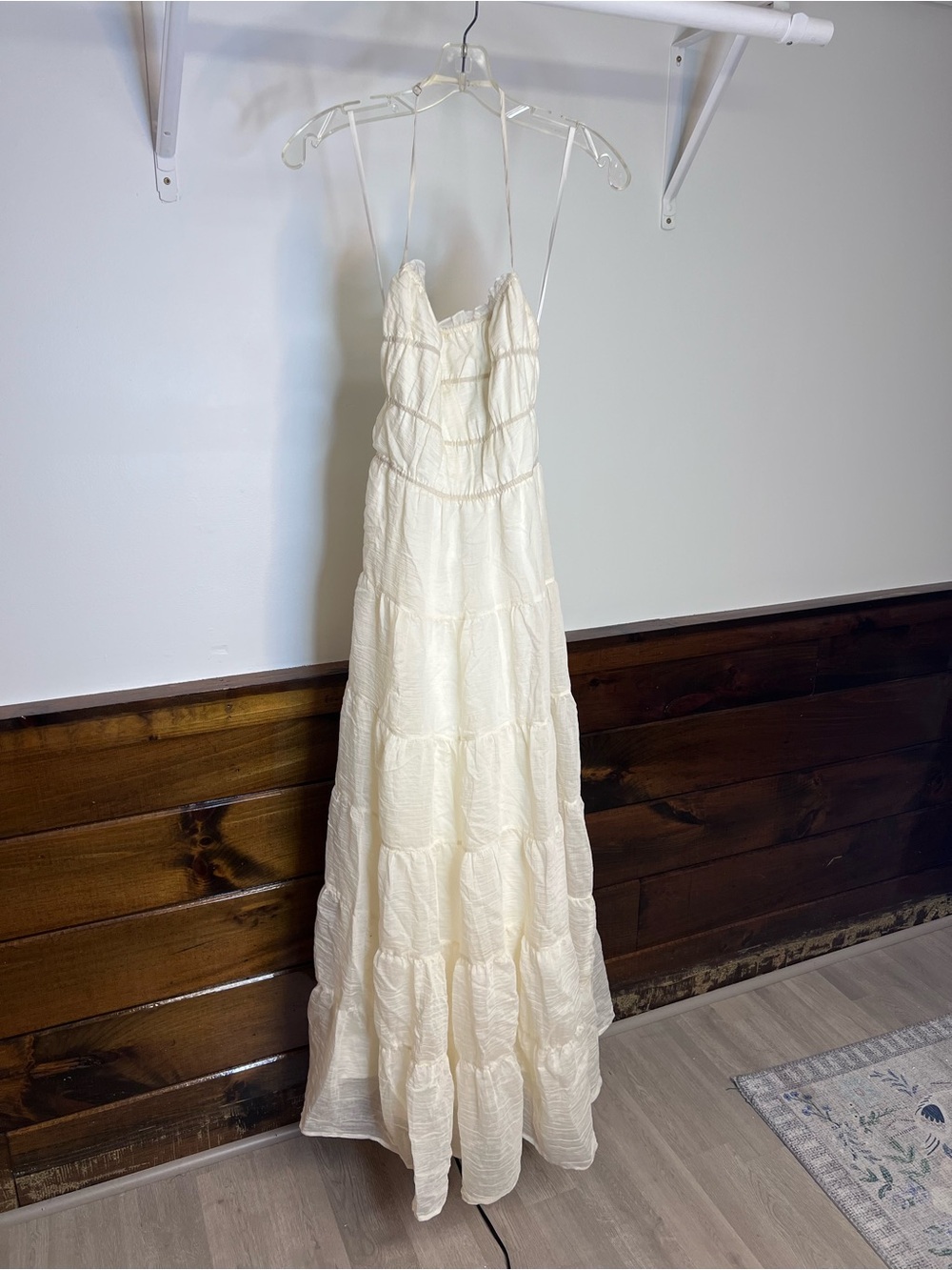 Indikah Cream Tiered Open Back Halter Maxi Dress- L